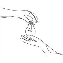 Continuous line drawing of hands exchanging a lightbulb, symbolizing the concept of shared ideas, collaboration, and creative innovation