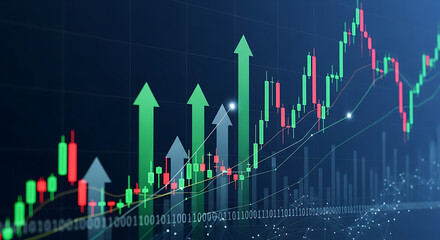 Blue financial chart with candlesticks, green up arrows, and layered trend lines. momentum snapshot