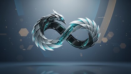 Futuristic, metallic infinity symbol shaped like a dragon