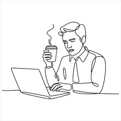 Abstract single-line drawing of a focused individual working on a laptop with coffee, symbolizing modern remote work and productivity