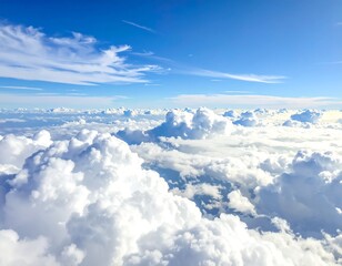 Panoramic view of fluffy white clouds filling the bright blue sky