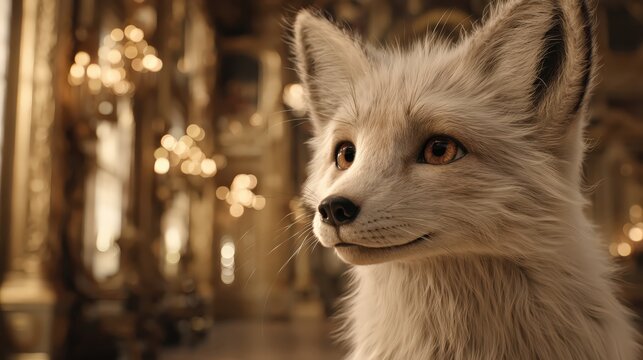 Primer plano de un zorro &aacute;rtico con mirada penetrante en un entorno dorado y difuminado.