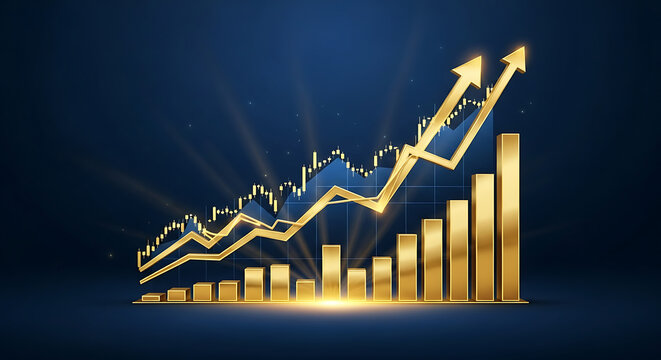 Golden bar chart with rising arrows and glow on deep blue background; shows strong financial growth