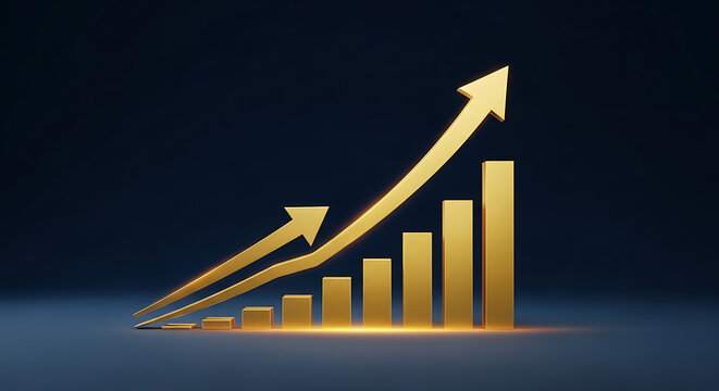 Shiny gold bar chart with ascending bars and a curved upward arrow against dark blue gradient. glow.'
