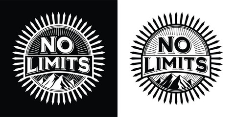 Retro emblem with the text no limits and mountains, set against a sunburst pattern, presented in both black and white versions for versatility