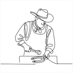 Cowboy Crafting a Horseshoe in Continuous Line Art