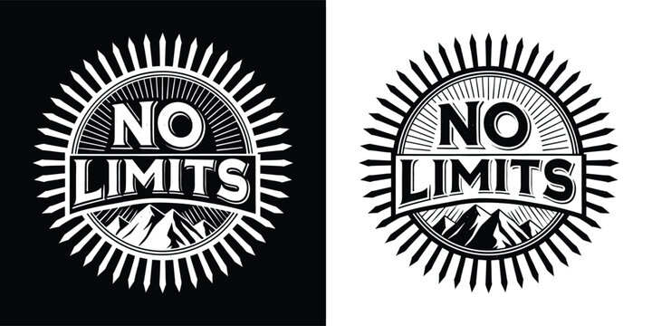 Retro emblem with the text no limits and mountains, set against a sunburst pattern, presented in both black and white versions for versatility