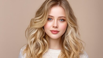 Fototapeta premium Minimalist editorial style featuring soft blonde waves and coffee-inspired beauty tones.