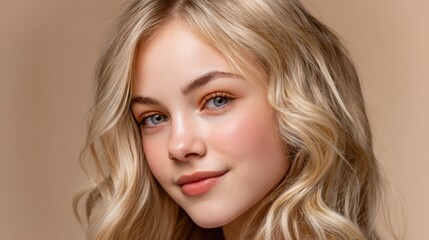 Fototapeta premium Minimalist editorial style featuring soft blonde waves and coffee-inspired beauty tones.