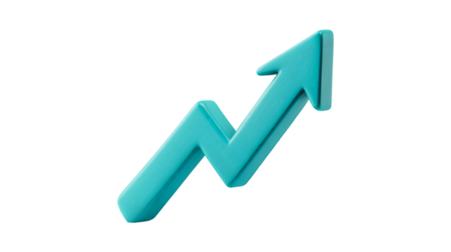 A three-dimensional turquoise chart arrow points upward signifying financial growth and positive business trends