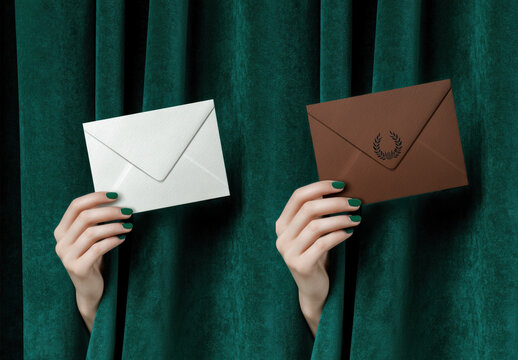 Elegant Envelopes Mockup Held By Hands Psd