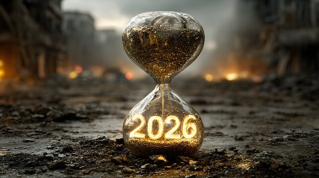 Hourglass displaying "2026" in a desolate landscape symbolizes time running out urgency and the future evoking themes of deadlines and change