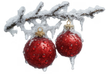 Red christmas ornament globes hanging on an icy branch, winter holiday decoration with snow and water drops