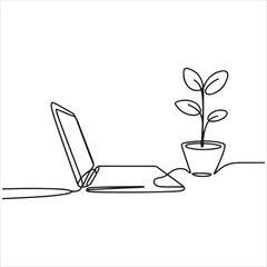 Continuous line drawing of a laptop and potted plant representing growth and technology