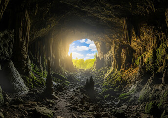 A picturesque view of the exit from a dark large cave into open terrain.