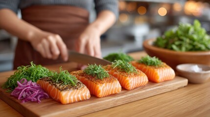 Sushi Chef Skillfully Slices Fresh Salmon Fillets Garnished with Herbs and Sesame Seeds in a Professional Kitchen Setting with Soft Natural Lighting