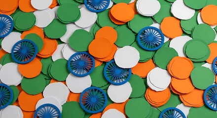 Vibrant indian flag colors confetti and wheel emblems scattered across a textured surface for festive celebrations