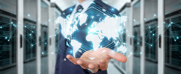 Businessman using digital world map interface 3D rendering
