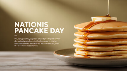 Stack of golden pancakes with syrup being poured, celebrating National Pancake Day