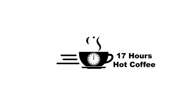 Black silhouette of a coffee cup with a clock and steam indicating 17 hours of hot coffee time