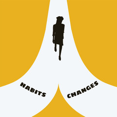 Vector illustration of a woman walking toward two diverging paths labeled Habits and Changes