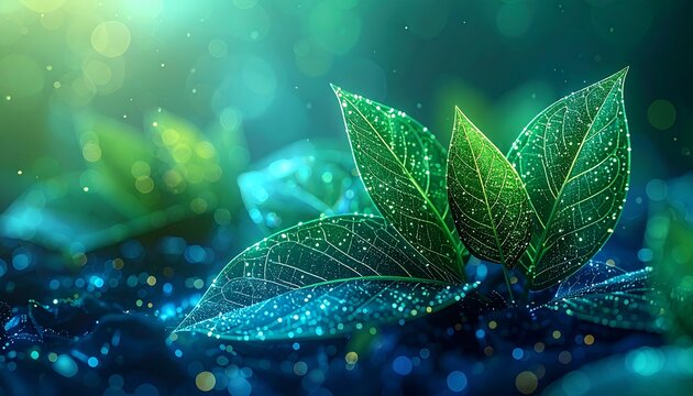 Luminous digital leaf veins glow with blue and gold light