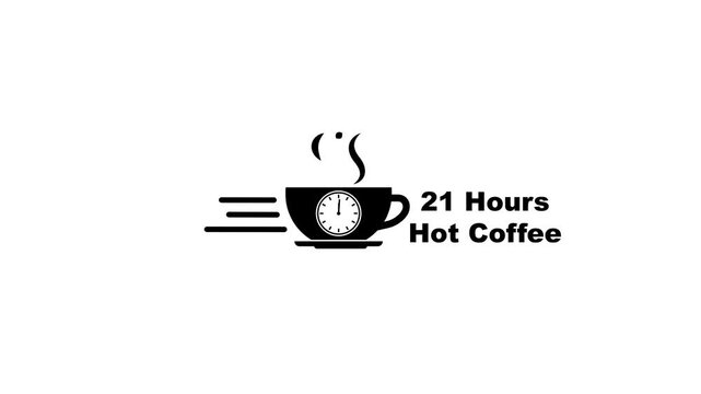 Black icon of a coffee cup with a clock face and steam, with text 21 Hours Hot Coffee on a white background