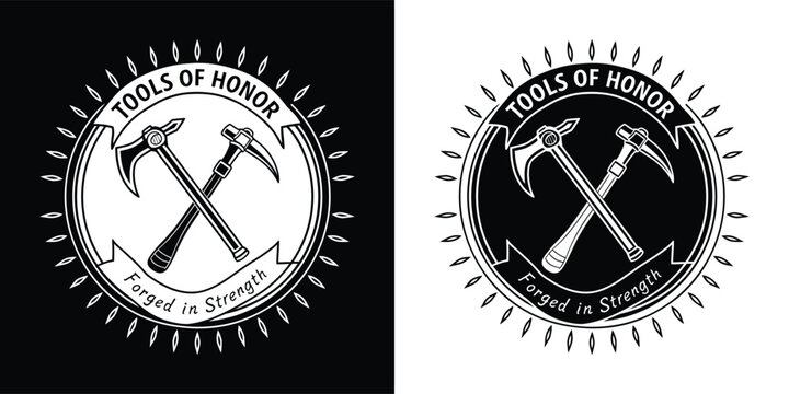 Circular emblem featuring crossed pickaxes, symbolizing tools of honor and strength