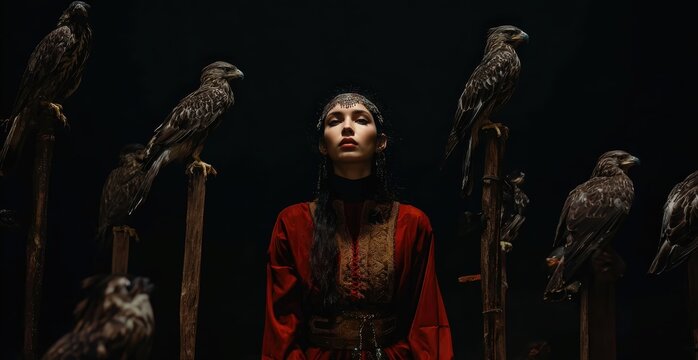 Una mujer con un atuendo rojo y adornos tribales se encuentra rodeada de cuervos en un entorno oscuro y misterioso.