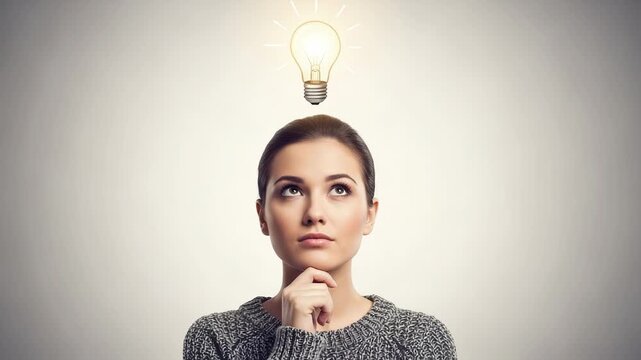 Woman with a light bulb above her head, symbolizing an idea