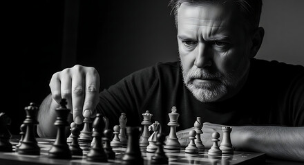 Monochrome portrait of a stern man concentrating as he slides a chess piece on the board with focus