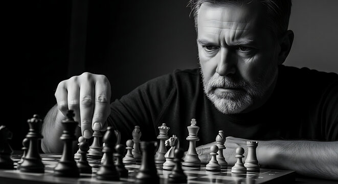 Monochrome portrait of a stern man concentrating as he slides a chess piece on the board with focus