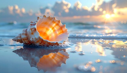 Large, sunlit seashell resting on wet sands by a gentle ocean