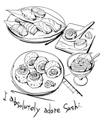 Stylish sushi illustration. Shrimp, salmon roe, tuna