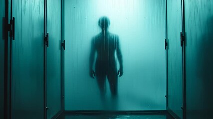 Silhouette Of A Person Standing In A Shower Stall With Frosted Glass And Water Droplets Illuminated By A Blue Light With Reflections On A Wet Floor - Powered by Adobe