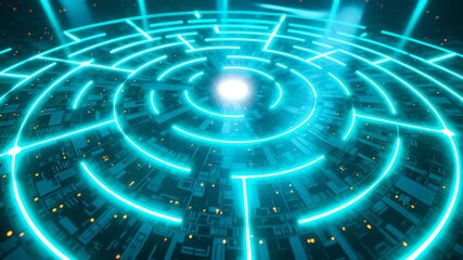 Abstract Circular Digital Labyrinth Illuminated by Glowing Neon Orange and Cyan Light Patterns Symbolizing Technology and Complexity in Futuristic - Powered by Adobe