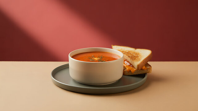 A bowl of tomato soup with a grilled cheese sandwich on a tray against a warm-toned background