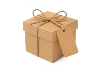 Kraft gift box with twine ribbon and blank tag, offering packaging, surprise, and celebration concepts