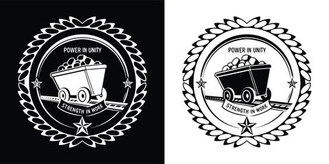 Vintage mining cart full of coal, emblem with laurel wreath and star, black and white illustration