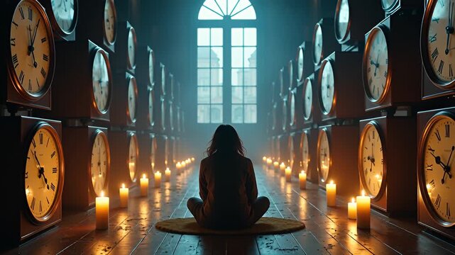 Mysterious Woman Meditating Amidst Rows of Vintage Clocks and Candles in Dimly Lit Room with Natural Light Streaming Through Large Window