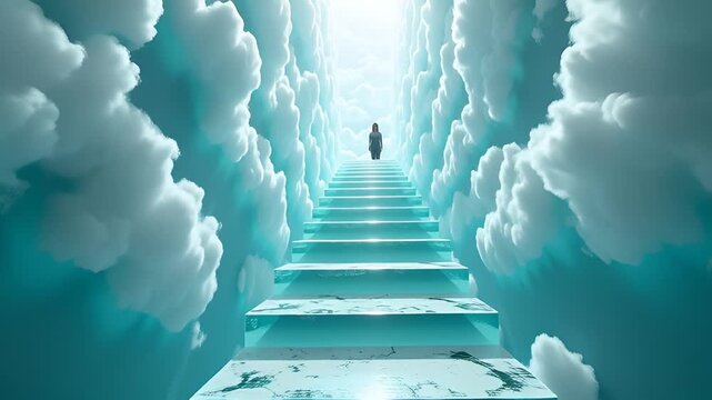 A Lone Figure Ascends a Luminescent Staircase Through Ethereal Clouds Towards a Bright Light