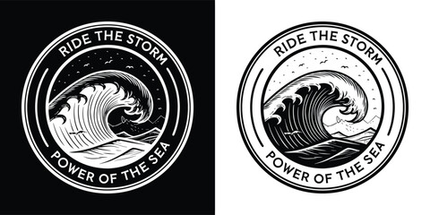 Vintage emblem with a powerful ocean wave and the text ride the storm, power of the sea isolated on white background