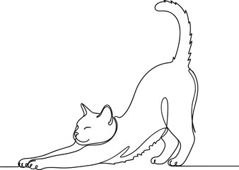 Stretching cat illustration—minimalist feline with arched back and raised tail, continuous line drawing, black-and-white vector artwork