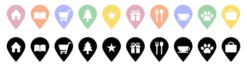 マップ用ランドマークアイコンセット（カラー・モノクロ）/Color and Monochrome Landmark Map Icons Set