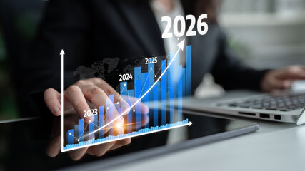 A professional image depicting a business growth forecast featuring a bar graph illustrating trends...