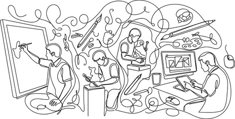 Creative arts illustration—five artists painting, sculpting, drawing, designing with tools and swirls, traditional and digital fusion, line art vector