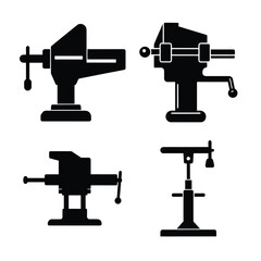 Bench Vise Silhouette Icons Collection for Workshop and Engineering