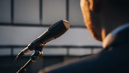 Fototapeta premium Microphone for press conference speaker report interview concepts or broadcasting public speaking speech presentation stage performance and reporter news.