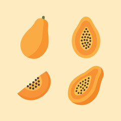 Various simple cartoon illustrations of whole and sliced ripe papayas with seeds.
