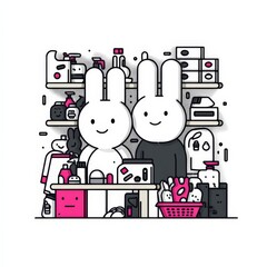 Dos conejos con bata de laboratorio, rodeados de instrumentos y objetos de alquimia.